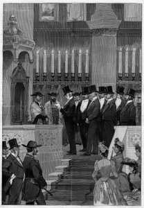 Paris 1890: Installation von Zadoc Kahn (Zadoc-Kahn) (1839-1905), Großrabbiner von Frankreich. Herr Alphonse de Rothschild (1827-1905) liest die Ernennungsurkunde vor von Unknown artist