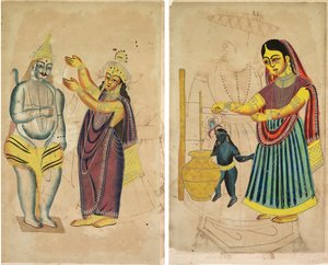 Parvati legt Shiva einen Hochzeitskranz um; Yasoda beim Butterrühren von Unknown artist