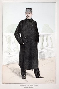 Friedensoffizier, Winterkleidung (Lepine-Periode). Farbradierung zur Illustration „Histoire du corps des gardiens de la paix“, Buch veröffentlicht unter der Schirmherrschaft von Louis Lepine (1846-1933), Polizeipräfekt der Seine, von Alfred Rey (1864-?) un