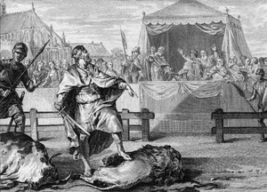 Pippin der Kurze (714-768), der neue König der Franken, beweist seinen Mut, indem er 751 in einer Arena gegen einen Löwen und einen Stier kämpft. Gravur aus dem 18. Jahrhundert von Unknown artist