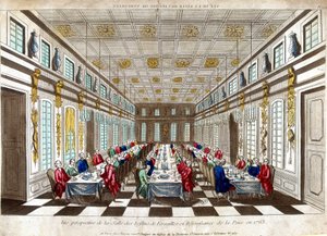 Perspektivische Ansicht des Festsaals von Versailles zur Feier des Friedens im Jahr 1763 zwischen Großbritannien, Frankreich und Spanien.