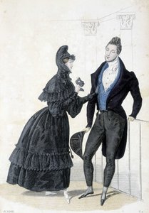 Tafel, die die männliche und weibliche Mode der 1830er Jahre illustriert. Die Frau trägt ein Kleid mit Kapuze und hält eine Ballmaske in den Händen. von Unknown artist