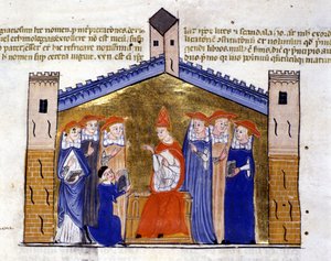 Papst Johannes XXII. von Avignon empfängt vom Autor den Apparat von Clemens V. 15. Jahrhundert Manuskript. Bibl. Nazionale Braidense, Mailand. von Unknown artist