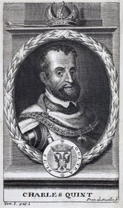 Porträt von Karl V. (1500-1558), König von Spanien und Spanisch-Amerika, König von Sizilien und Kaiser des Heiligen Römischen Reiches Deutscher Nation (1519-1556). Gravur zur Illustration der 