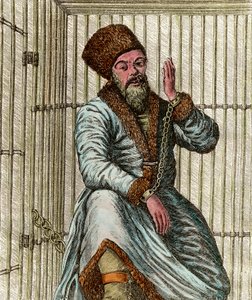 Porträt von Emelian Ivanovich Pugachev (Jemeljan oder Emilian Pugachev) (1742-1775), Kosakenführer während des russischen Bauernkrieges von 1773-1775 (Jacquerie der Jaik-Kosaken), in seinem Käfig eingesperrt und zeigt dem Volk von Unknown artist