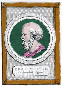 Porträt von Eratosthenes von Kyrene (ca. 284 v. Chr. - 194 v. Chr.), griechischer Wissenschaftler, Geograph und Dichter. Er war Direktor der Bibliothek von Alexandria und berechnete die Länge des Erdmeridians. Porträt aus: „Galleria degli antichi greci e r