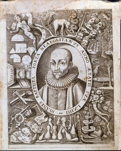 Porträt von Giambattista della Porta (1535 - 1615) auf dem Frontispiz von „Magiae Naturalis“. 17. Jahrhundert