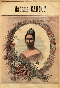 Porträt von Madame Cecile Dupont-White (1841-1898), verheiratet 1863 mit Sadi Carnot (1837-1894), Präsident der Französischen Republik von 1887 bis 1894. Gravur in „Le petit journal illustré“ 29.11.1890. Sammlung Selva