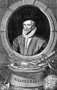 Porträt von Sir Walter Raleigh (1554 - 1618), englischer Höfling, Navigator und Schriftsteller. Gravur aus dem 18. Jahrhundert.