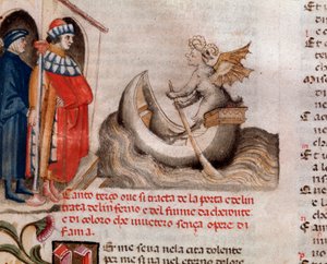 Porträt des italienischen Dichters Dante Alighieri, der Charon und sein Boot beobachtet, wie sie die Seelen über den Acheron bringen (Gesang 3 aus der Hölle, in der Göttlichen Komödie) - Miniatur 15. Jahrhundert von Unknown artist