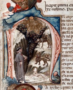 Porträt des italienischen Dichters Dante Alighieri mit Bestien - Miniatur