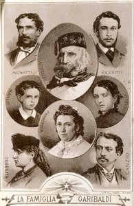 Porträt des Patrioten und Helden des Risorgimento Giuseppe Garibaldi und Mitglieder seiner Familie: Menotti, Ricciotti und Teresita, Sohn von Anita; Stefano Canzio, Ehemann von Teresita; Francesca Armosino, dritte Ehefrau und ihre Kinder