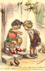 Postkarte, Kitsch, zwei Kinder mit einer Kaffeemühle, Mädchen und Junge