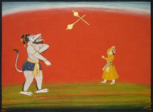 Pradyumna und Samvara kämpfen mit Keulen: Blatt aus dem "Großen Basohli Bhagavata Purana" von Unknown artist