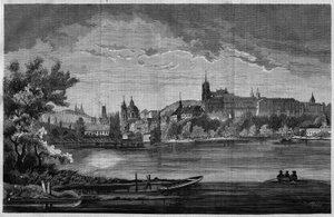 Prag, Blick auf das Kirchenviertel von St. Nikolaus de la Kleinseite und das Schlossviertel (Hradschin), das den Königspalast, 3 Kirchen, ein Kloster und den Veitsdom umfasst. In „Das illustrierte Universum“, 08.08.1866.
