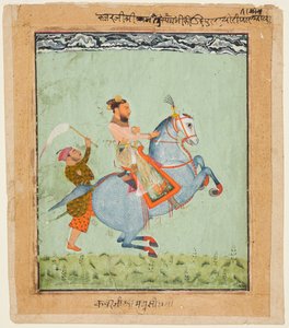 Prinz Mathu Singh von Jatoli auf einem blauen Pferd reitend nach Udaipur