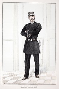 Hauptinspektor (1894). Farbradierung zur Illustration „Histoire du corps des gardiens de la paix“, Buch veröffentlicht unter der Schirmherrschaft von Louis Lepine (1846-1933), Polizeipräfekt der Seine, von Alfred Rey (1864-?) und Louis Feron (1862-?).