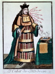 Beruf: Die Kleidung des Arztes. Ein Mann, der die Bücher von Galen und Avicenna trägt, zeigt auf ein Becken mit einer Flüssigkeit, ein Rezept und nennt Behandlungen