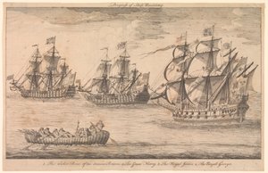 Fortschritt des Schiffbaus. 1. Das Weidenboot der alten Briten 2. Die Great Harry 3. Die Royal James 4. Die Royal George von Unknown artist