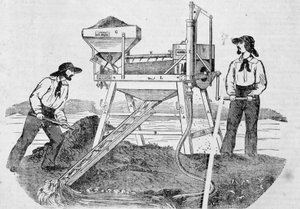 Werbung „The Fortune, Company of the Gold Mines of California“: Bild, das zwei Goldgräber zeigt, die in Waschmaschinen arbeiten und Gold mischen - in „Le Charivari“ vom 25. Juni