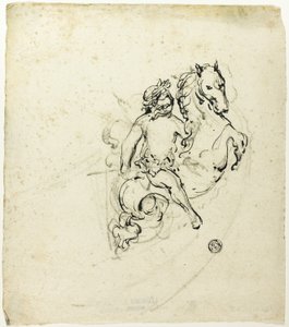 Putto mit Lorbeer gekrönt, auf einem steigenden Pferd