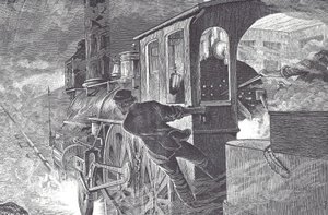 Eisenbahnfahrer, späte 19. Jahrhundert (Holzstich)