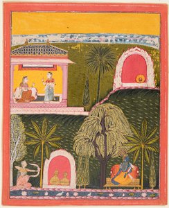 Rati, die Göttin der erotischen Liebe, zielt auf Krishna, aus einer Rasikapriya