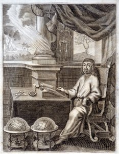 René Descartes (1596 - 1650) in seinem Büro mit wissenschaftlichen Geräten. Gravur des 17. Jahrhunderts von Unknown artist