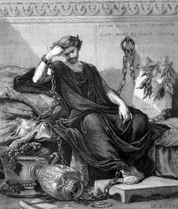 Darstellung von Damokles, der während des Festes, bei dem Dionysios der Ältere ihm ein Schwert über den Kopf hängen ließ, um ihm die Zerbrechlichkeit des Glücks zu zeigen, in Ketten liegt. Gravur des 19. Jahrhunderts. von Unknown artist