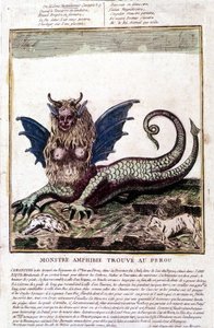 Darstellung eines Monsters, das in einem See in Peru gefunden wurde: es hat ein menschliches Gesicht, Hörner, Drachenflügel, eine Löwenmähne, einen Reptilienkörper, eine Frauenbrust. Beliebter Druck aus dem 18. Jahrhundert