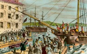 Darstellung der Boston Tea Party: während des Unabhängigkeitskrieges der Vereinigten Staaten: Aufstand amerikanischer Siedler (britischer Herkunft) gegen die vom englischen Parlament auf den Tee und andere Lebensmittel erhobenen Steuern