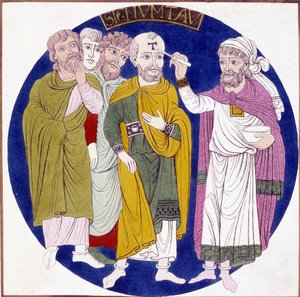 Darstellung der Weihe eines Bischofs aus dem 19. Jahrhundert nach einem Gemälde auf Glas aus der Zeit von Abt Suger von Unknown artist