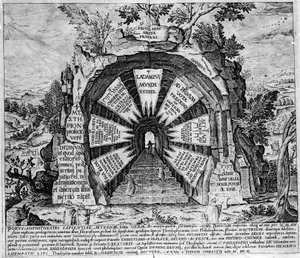 Darstellung des Eingangs des Hauses der Mysterien, symbolisch für das ewige Leben. Gravur des „Amphitheatrum sapientiae aeternae“.