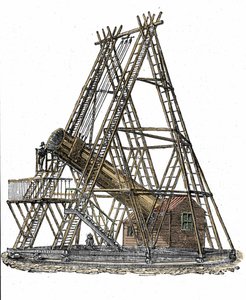 Darstellung des Teleskops des englischen Astronomen William Herschel (1738-1822). Gravur des 19. Jahrhunderts