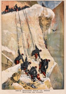 Rettung von 2 Soldaten des 97. Linienregiments, bei einer Grenzüberwachungsmission, Opfer einer Lawine, verursacht durch das Schmelzen des Frühlingsschnees. Gravur in „Le petit journal“ 14/05/1894. Sammlung Selva
