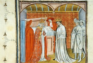 Robert II. der Fromme (ca. 972-1031) - Buchmalerei auf Pergament aus dem Mittelalter „Große Chroniken von Saint-Denis“ Ende des 14. Jahrhunderts (ref. 512 von Unknown artist