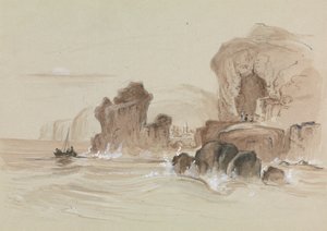 Felsige Küste mit kleinem Fischerboot von Unknown artist