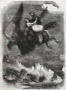 Roger und Angelique auf dem Hippogreif - Gravur von 1851 aus „Roland furieux“ (Orlando furioso) (16. Jahrhundert) von Ludovico Ariosto, bekannt als Ariosto - Ausgabe übersetzt aus dem Italienischen von Graf von Tressan und veröffentlicht von Gustave Harvar