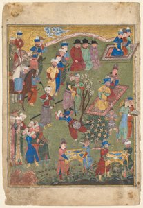 Königlicher Empfang in einer Landschaft, linkes Folio aus dem Doppel-Frontispiz eines Shahnama (Buch der Könige) von Firdausi (Persisch, ca. 940–1019 oder 1025)