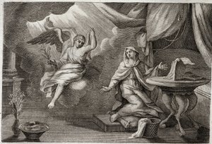 Royaumont-Bibel, Neues Testament: Verkündigung an die Jungfrau. Erzengel Gabriel ist gekommen, um Maria eine Botschaft zu überbringen. Illustration von 1811.