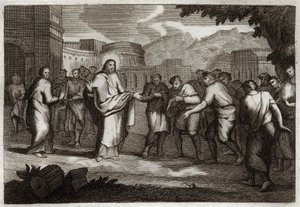Royaumont-Bibel, Neues Testament: Die zehn Aussätzigen. Jesus Christus heilt zehn Aussätzige. Illustration von 1811.