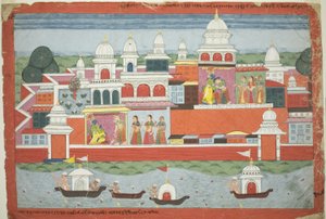 Rukmini bittet Krishna um Erlaubnis, ihren Bruder Rukma zu besuchen, Seite aus einem verstreuten Bhagavata Purana Manuskript