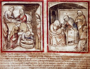 Ruth gebiert Obed, den Sohn von Boaz (Miniatur aus Codex 212)