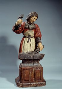 Heiliger Crepin, Schutzpatron der Schuhmacher. Anonyme Skulptur aus polychromem Holz von Unknown artist