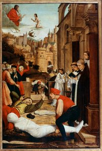 Der heilige Franziskus betet während einer Pestepidemie bei der Beerdigung von Toten. Anonymes Gemälde
