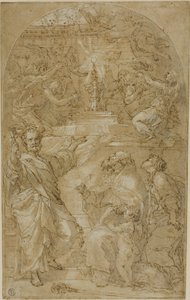 Heiliger Petrus, Heiliger Augustinus und eine weibliche Heilige in Anbetung der Eucharistie von Unknown artist