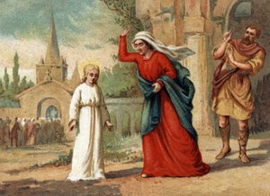 Sainte Genevieve (422-502), Schutzpatronin von Paris, misshandelt von ihrer Mutter. Chromolithographie um 1890 von Unknown artist