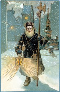 Weihnachtsmann in der Nacht mit Laterne. Postkarte aus dem 19. Jahrhundert.
