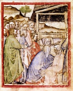 Sarahs Tod im Alter von 127 Jahren. Miniatur aus Codex 212 (oder Padovano oder Bibel von Padua) 1390-1400