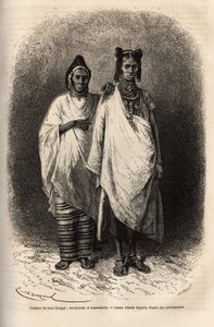 Sarakolese und Kassonkese Frauen, Bevölkerungen von Ober-Senegal, in traditioneller Kleidung. Gravur zur Illustration einer Kreuzfahrt an der Küste Afrikas, von Vizeadmiral Fleuriot de Langle, veröffentlicht in „Le tour du monde“ 1872, herausgegeben von Ed von Unknown artist